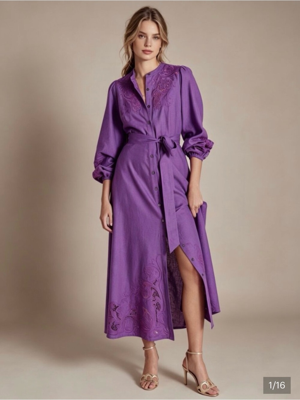Boden Mae maxi Purple Embroidered Button-Front Maxi Dress